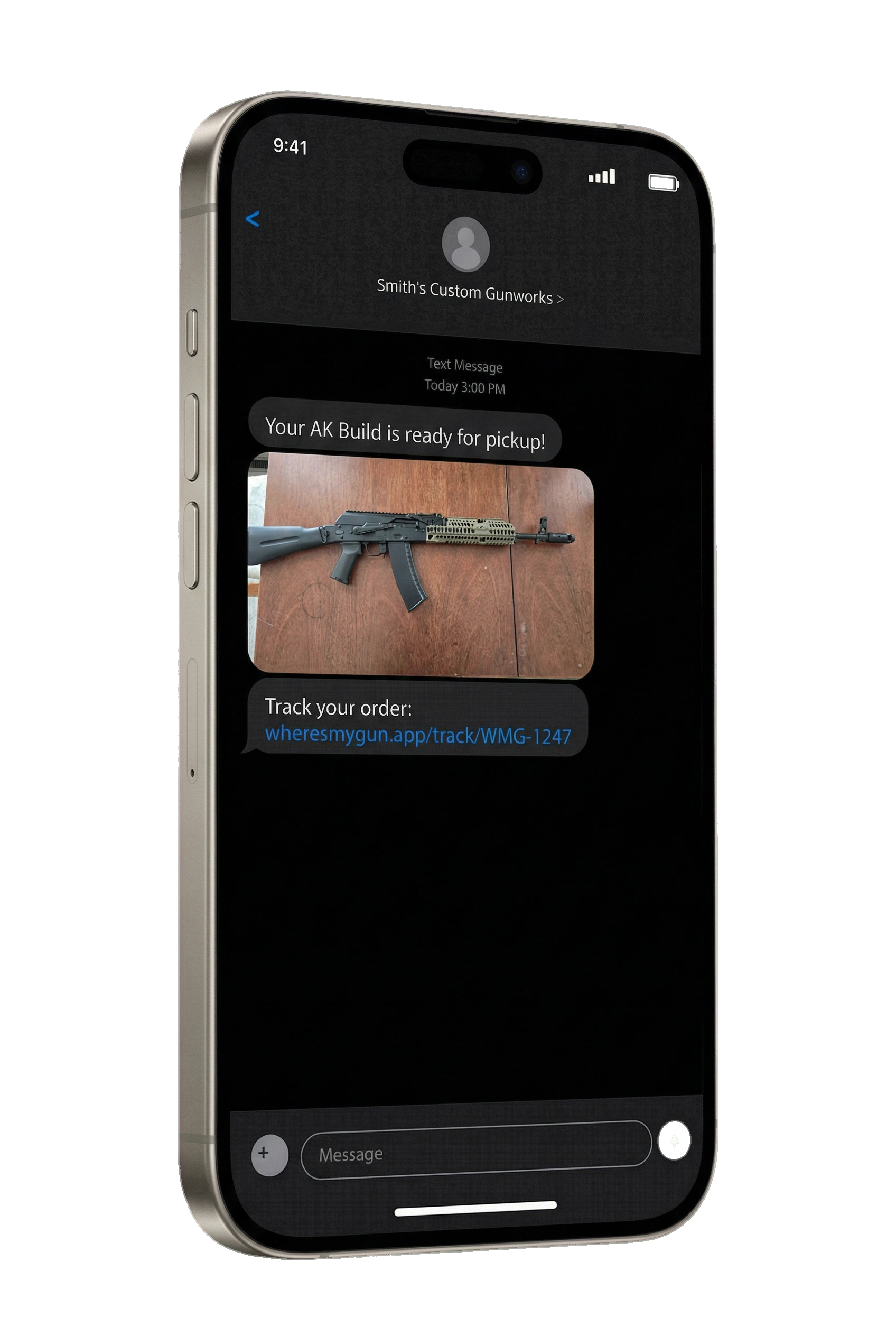 iPhone showing MMS notification - Your AK Build is ready for pickup